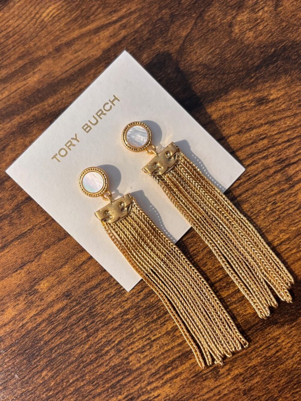 Tory Burch Gold Mother of Pearl Chain Tassel Fringe Drop Earrings